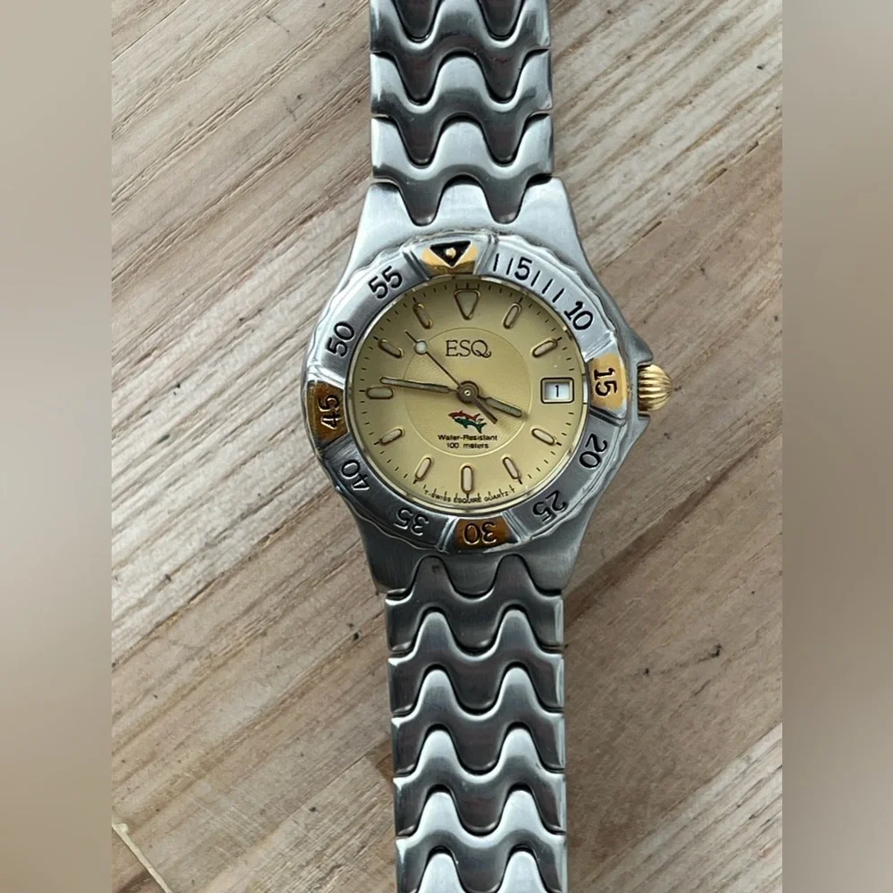 ESQ Super Rare Freedom Ladies Diver Watch Gold-Tone Dial Weave Bracelet Date